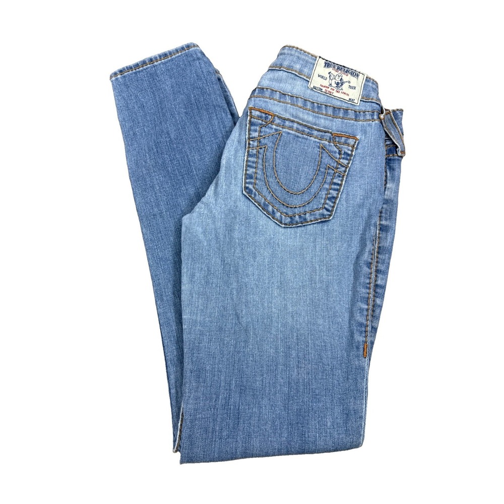 True Religion Jeans Women's 29x31 Light Blue Distressed Embroidered Stich Skinny